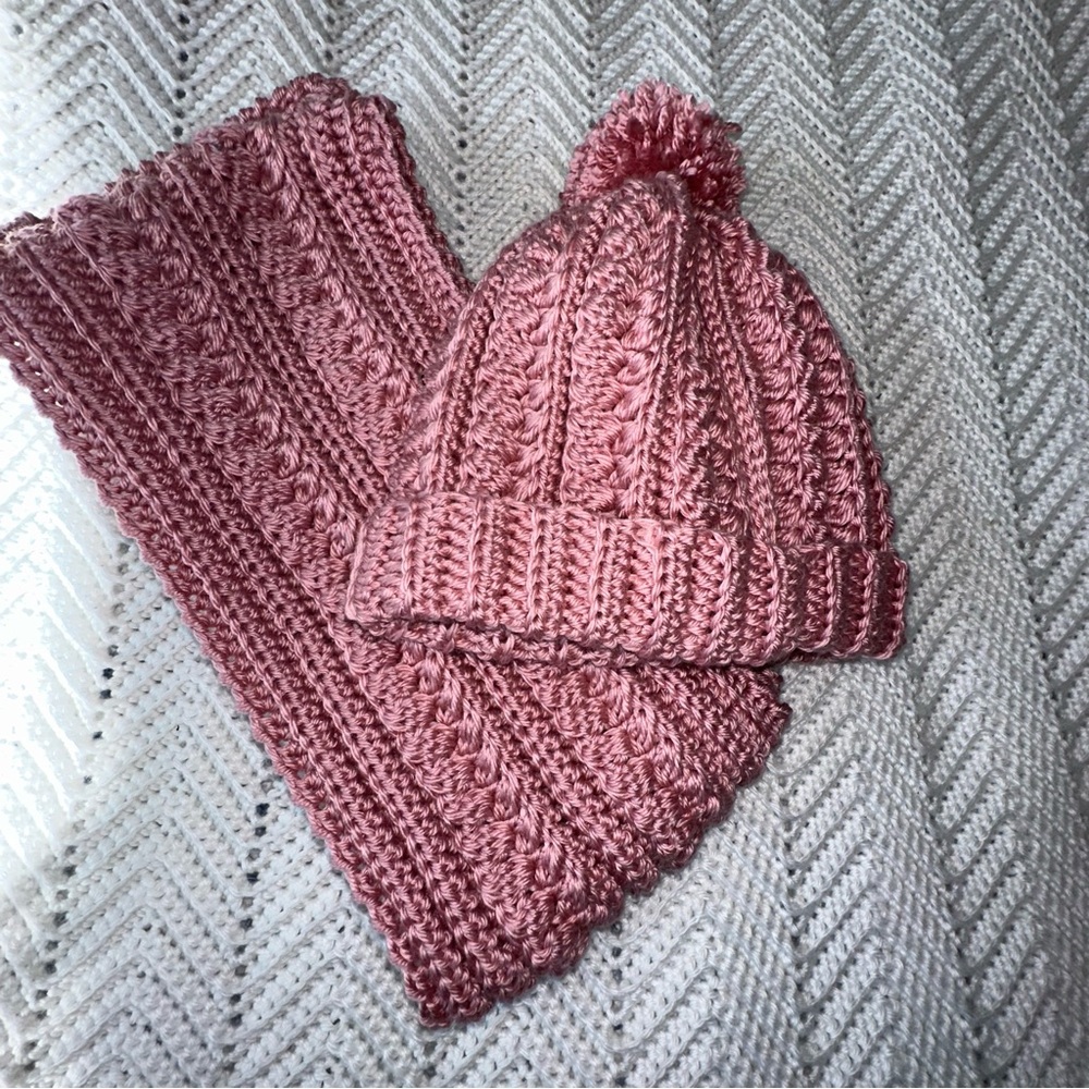 Handmade Crocheted Winter Beanie with Pom Pom and Matching Scarf Set